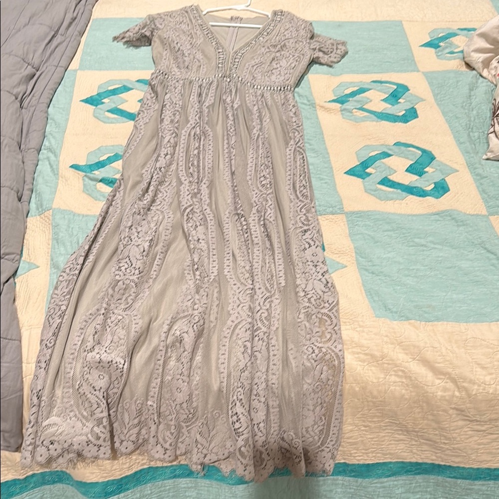 Gray Pleated Maxi Sundress with Flutter Sleeves